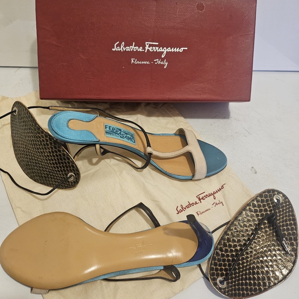 Salvatore Ferragamo Multicolor Leather & Snakeskin Slingback Heels - Picture 2 of 8